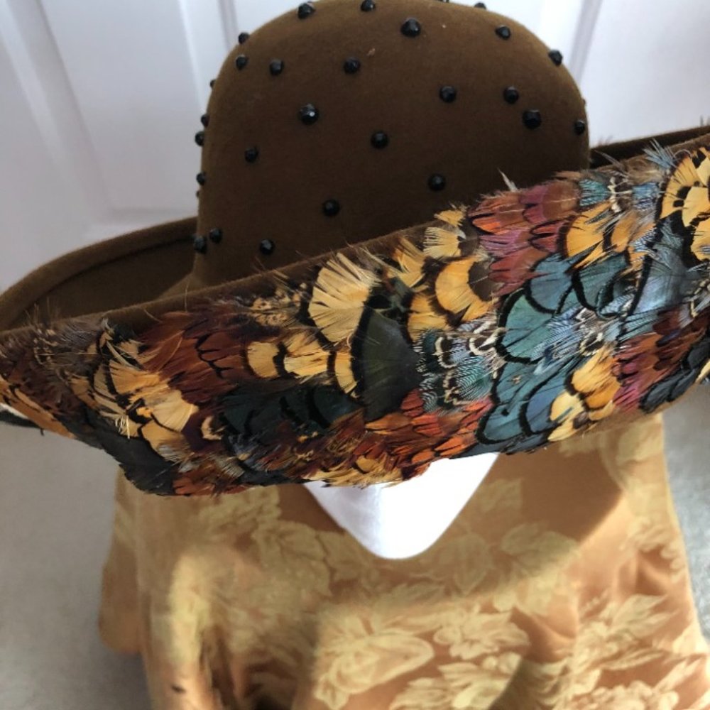 Ladies Brown Hat With Multi - Color Feathers